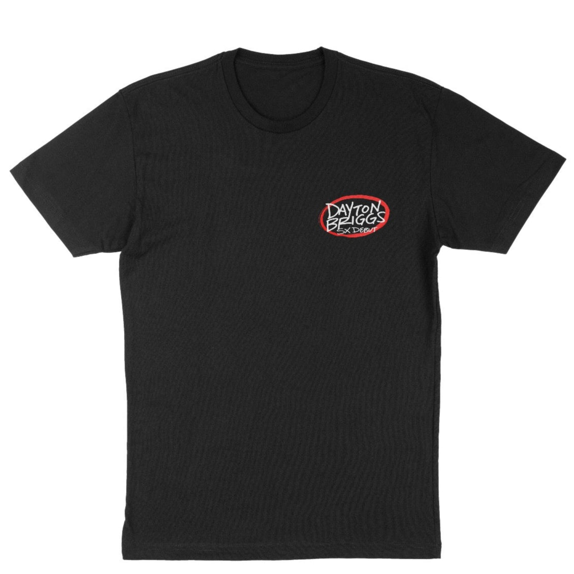 Dayton Briggs Black Motocross Short Sleeve Tshirt with Dayton Briggs and SX Debut in white text with a red oval around the chest print