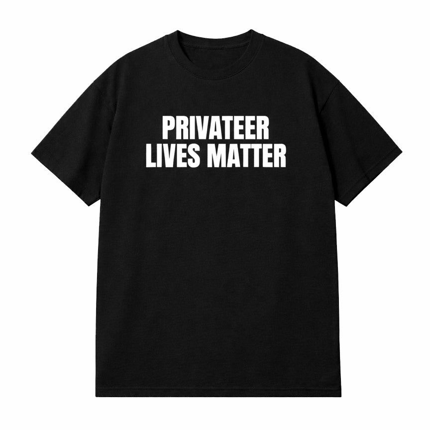 Soft black boxy cotton motocross short-sleeve T shirt featuring bold white printing Privateers Lives Matter across the front chest area.