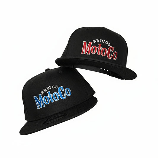 Black Baseball Hats  with red and white or blue and white embroidery that says Briggs MotoCo mimicking the Modelo logo