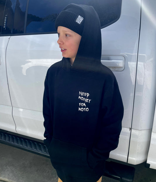 Need Money for Moto Black Youth Hoodie  Sweatshirt for Moto Kids. Features White font spray paint style font "Need Money For Moto" on the front chest print