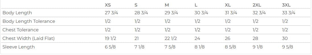 Measurement chart for clothing sizes with various dimensions listed.